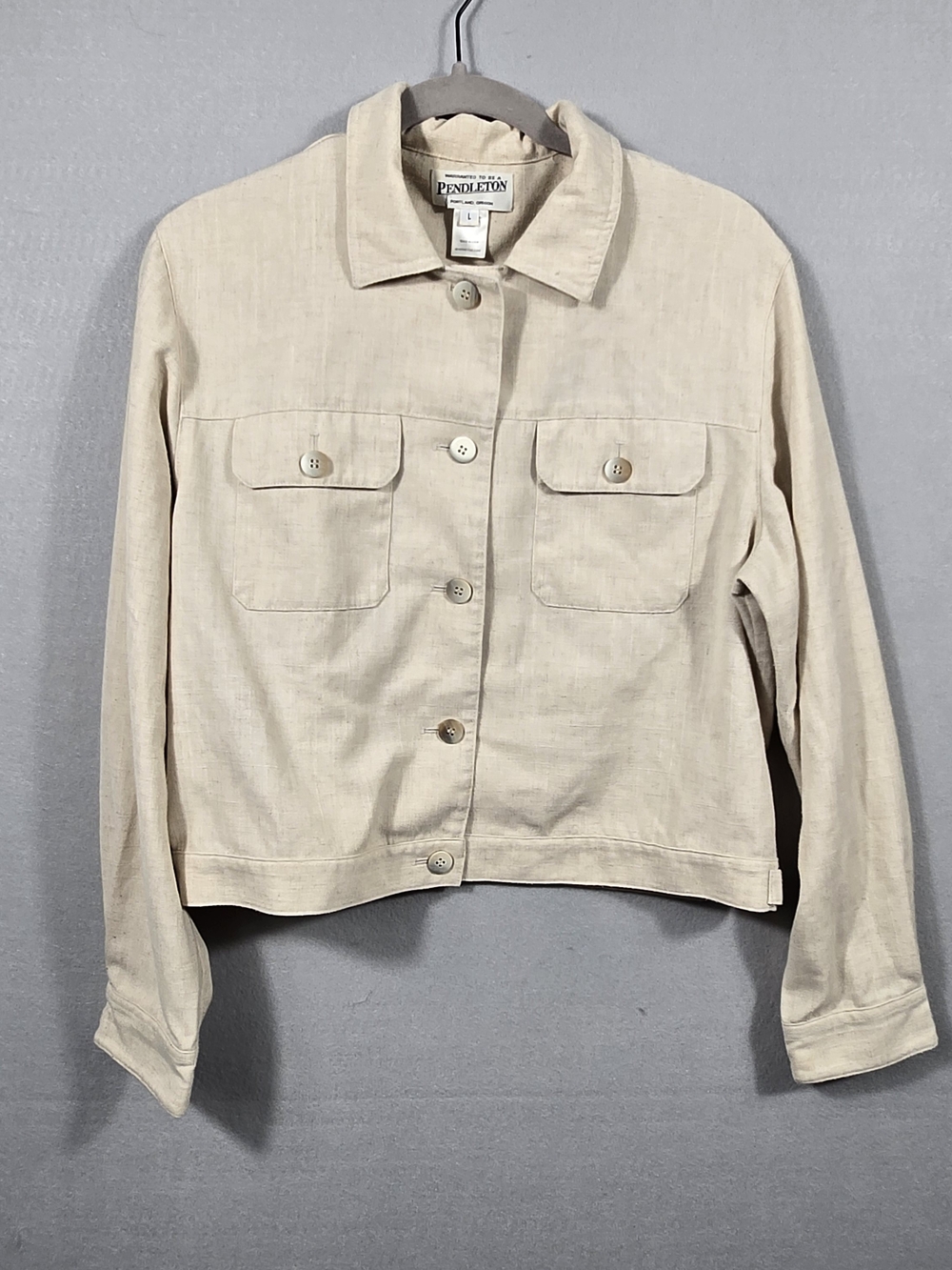 Vintage Pendleton Linen Jacket Womens L Beige Cropped Utility Made in USA